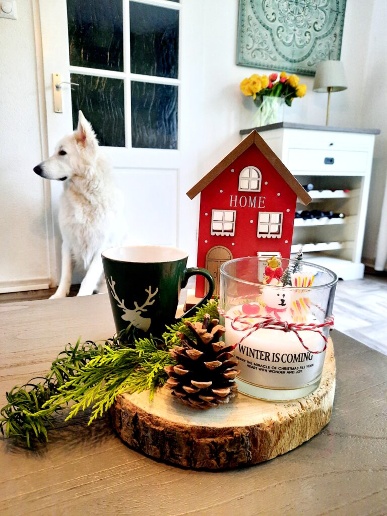 Gezellige herfsttafel met subtiele kerstdecoratie: dennenappel, groene takjes, geurkaars met ‘Winter is Coming’, mok met hert en rood huisje, met een witte hond op de achtergrond.