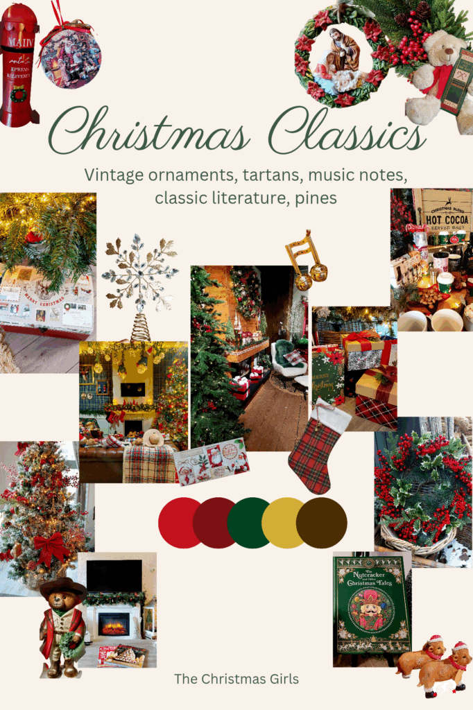 Moodboard voor Christmas Classics kerstthema 2025 met rood, groen, goud, tartan en vintage ornamenten.