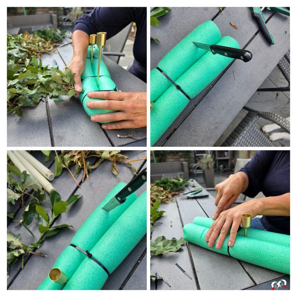 Stap voor stap een pool noodle klaarmaken en takken insteken voor een DIY herfst tafelstuk
